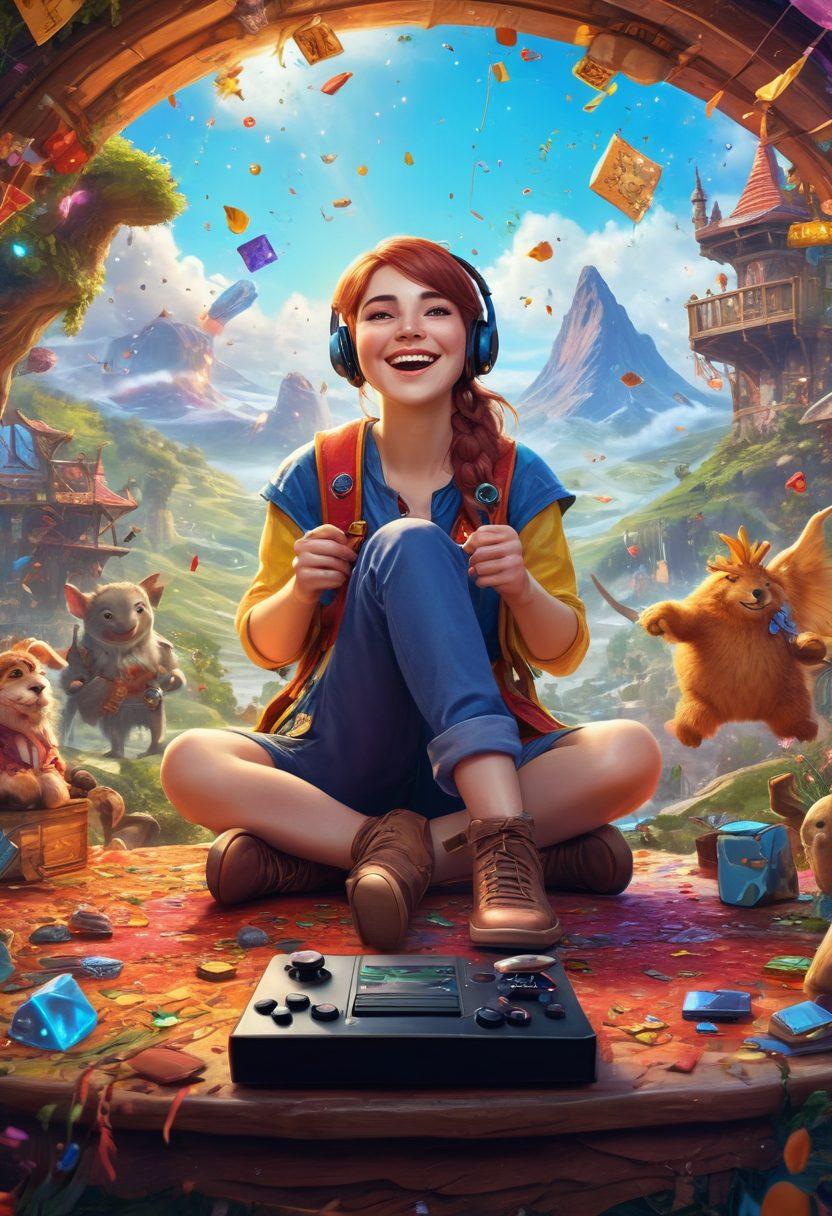 A vibrant gaming scene with diverse characters celebrating a victorious moment, colorful banners and confetti raining down, showcasing various gaming consoles and RPG elements, bright smiles and laughter on their faces, all set in an enchanted landscape filled with whimsical creatures and sparkling treasures. super-realistic. vibrant colors. fantasy style.