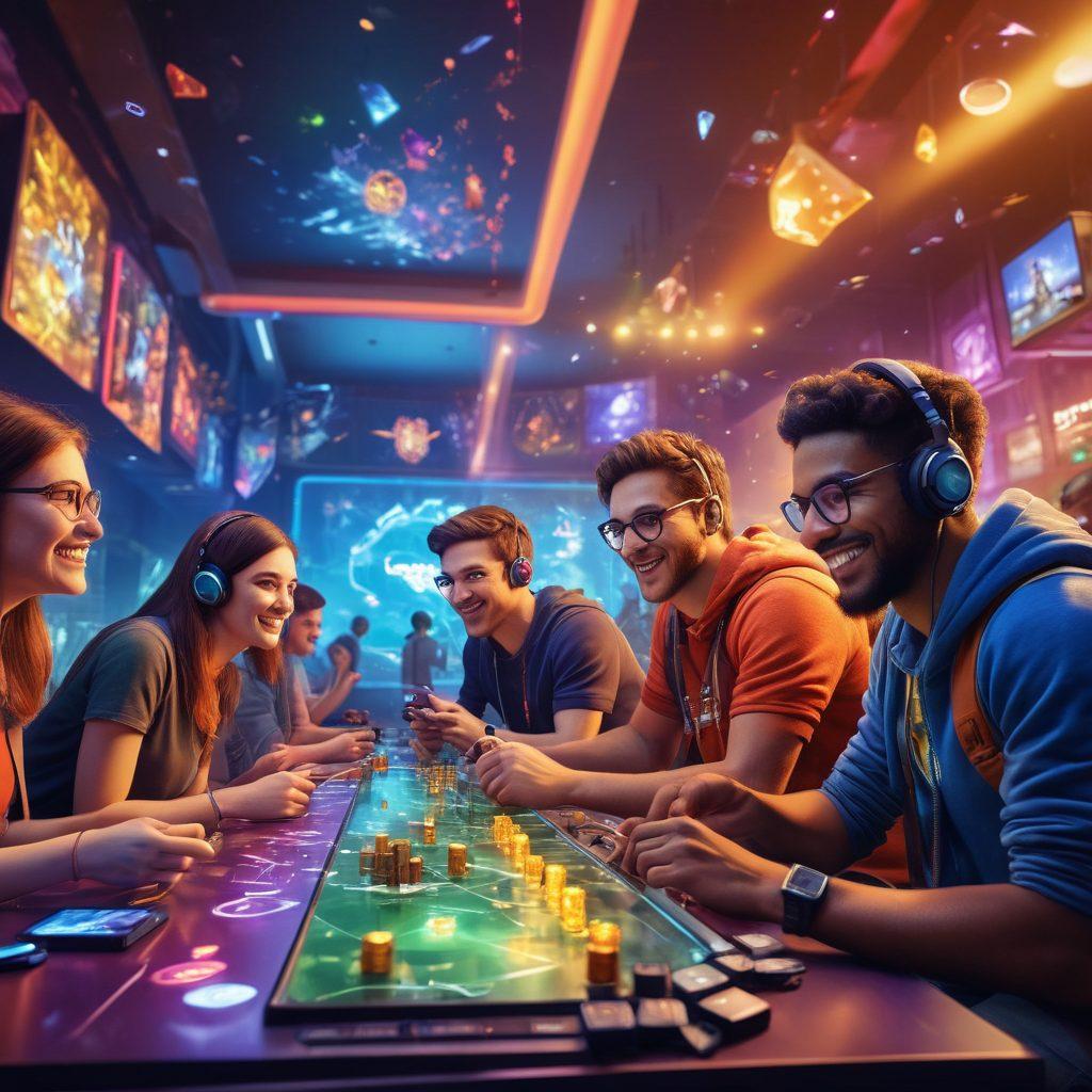 A vibrant, dynamic scene showcasing a diverse group of gamers, deeply engaged and smiling, surrounded by immersive elements symbolizing gamification like leaderboard trophies, achievement badges, and colorful progress bars. The background features mesmerizing game worlds transitioning into reality, illuminating the gamers' faces. The atmosphere is lively and electric, with hints of technology and creativity merging. A mix of fantasy and reality, inspiring excitement and collaboration. super-realistic. vibrant colors. 3D.